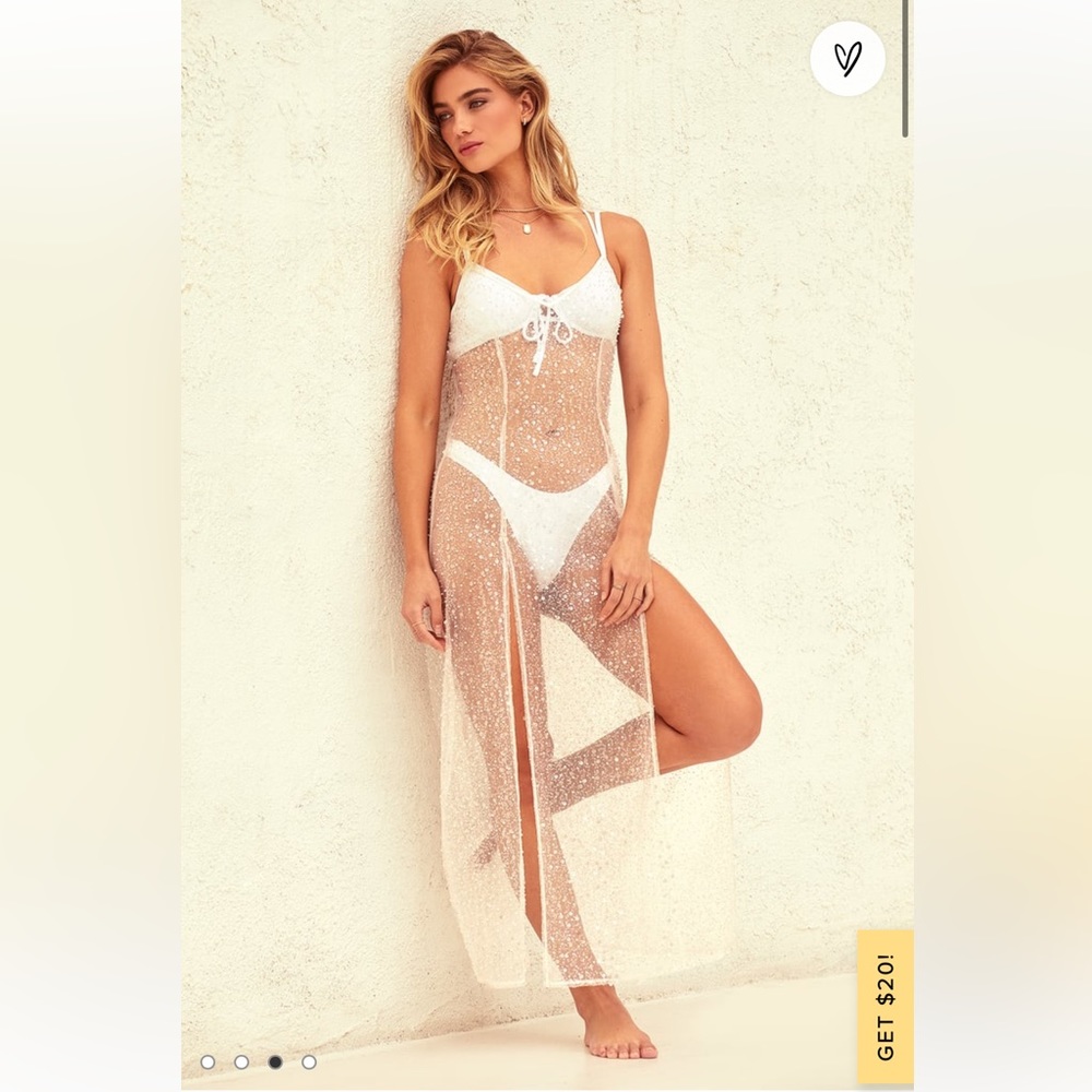 Lulu’s Seaside Shining White Mesh Sequin Pearl Sheer Maxi Swim Cover-Up